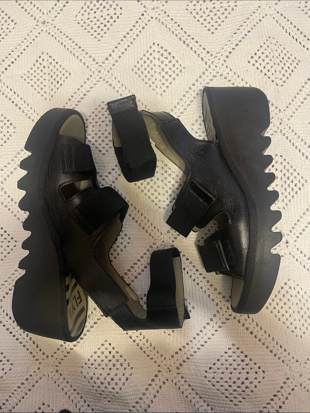 Fly London Black Strappy Platform Velcro Sandals